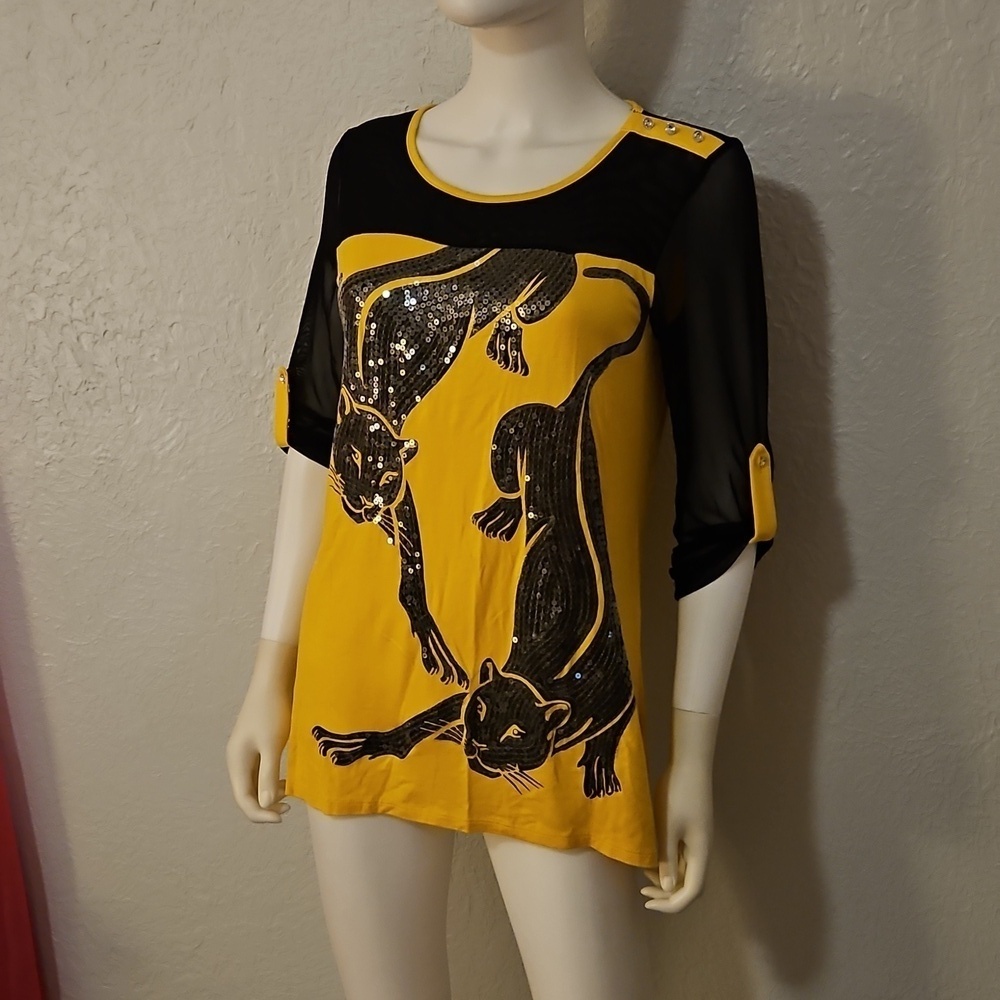 Vtg SHARIF 1827 Couture Yellow Sequin Panther Design Mesh Top - Picture 3 of 12